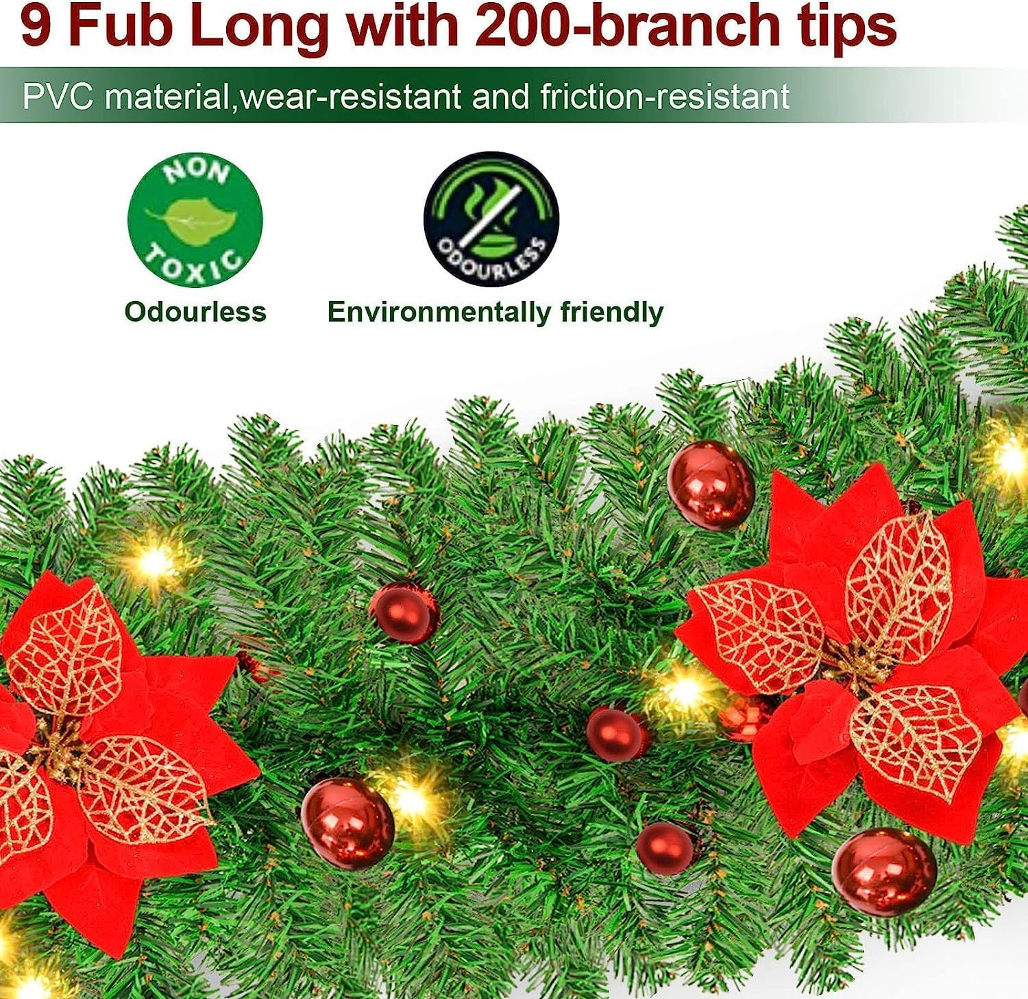 Christmas Garland, 2.7M Christmas Rattan Christmas Artificial Flower Vine for Home Stairs Fireplace Front Porch Door Display Indoor Outdoor Xmas Decor(Green,2.7M) image number 5