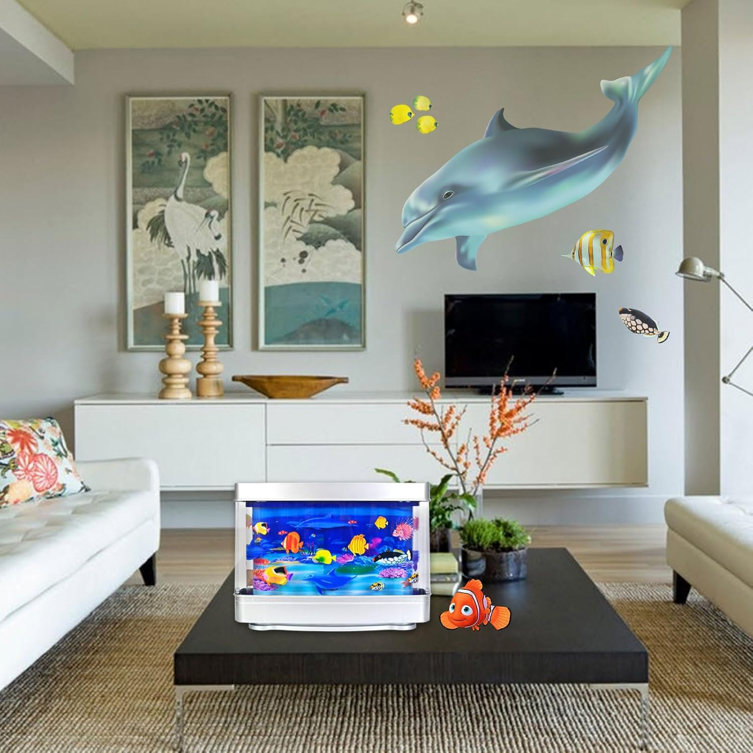 TOGETDREAM Artificial Tropical Fish Aquarium Decorative Lamp Artificial Fish Tanks with Moving Fish Fake Sensory Ocean Mini Fish Tank Decoration Ornaments Virtual Charming Fantastic Lamps Night Light image number 1