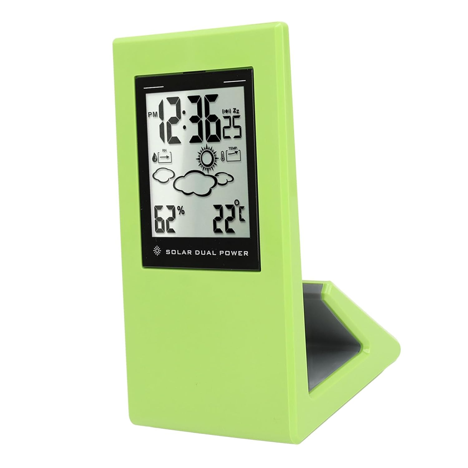 Depisuta Weather Forecast Clock, LCD Display Solar Powered Temperature Humidity Monitor with Clock for Bedroom Bedside Office Greenhouse (Green)