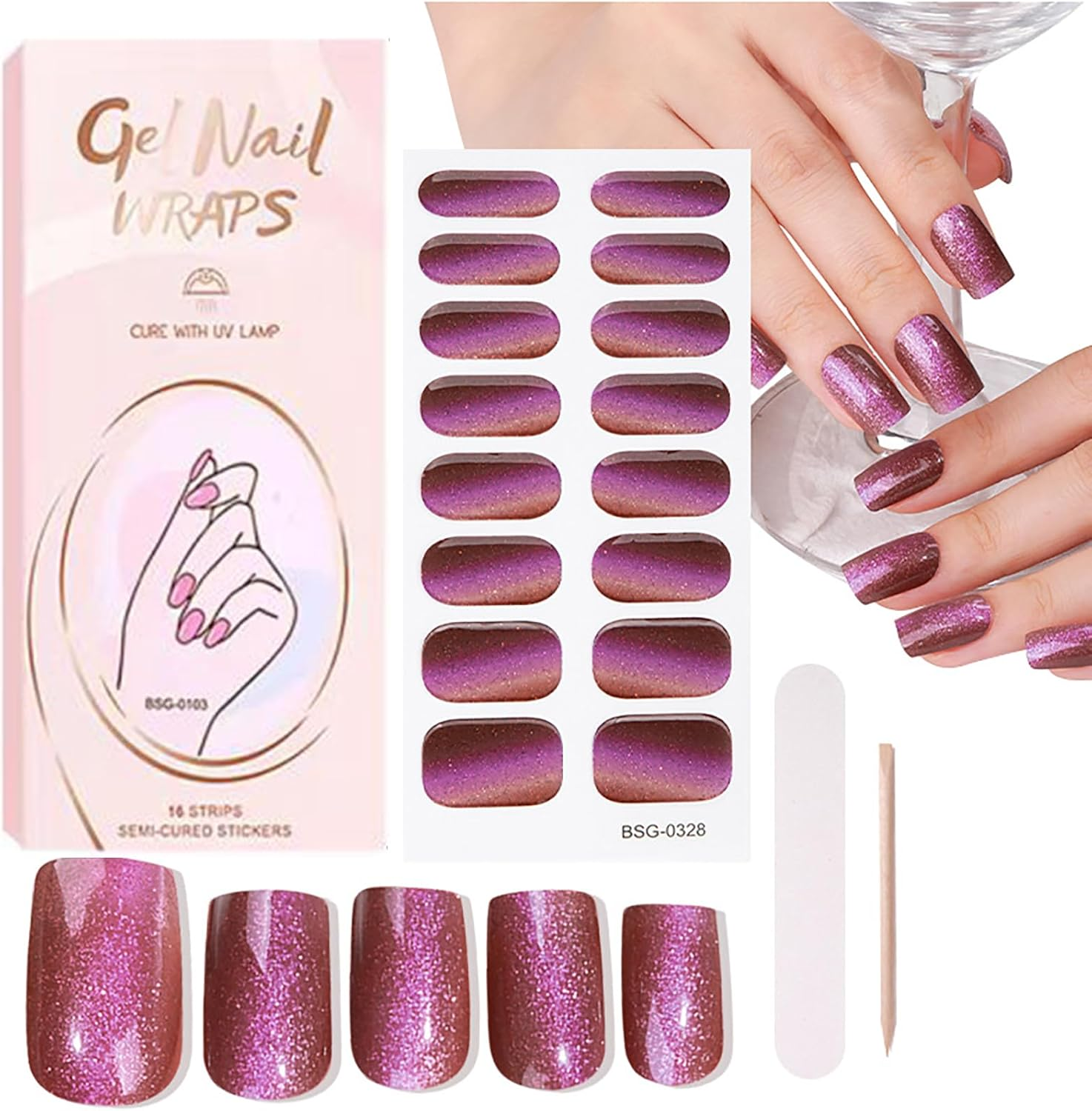 Semi Cured Gel Nail Strips, 16 Self-Adhesive Gel Nail Stickers, Salon Quality, Nail Art Decoration Accessories for Women Girls image number 2