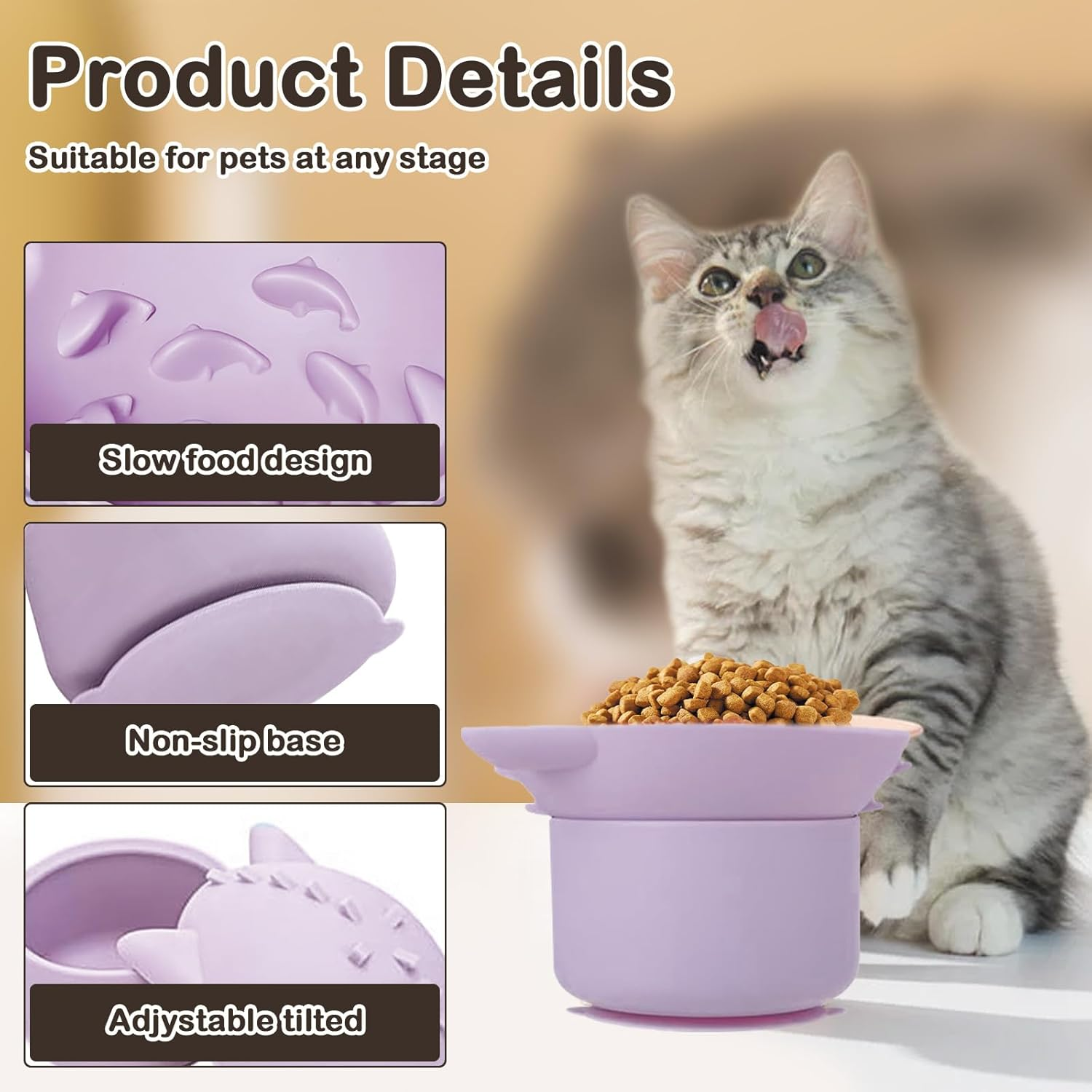 Silicone Cat Slow Feeder, Elevated Slow Feeder Cat Bowl for Dry and Wet Food, Tilted Design with Non Slip Base, Adjustable Angle for Pets, Fun Enrichment & Anxiety Relief (Purple) image number 5