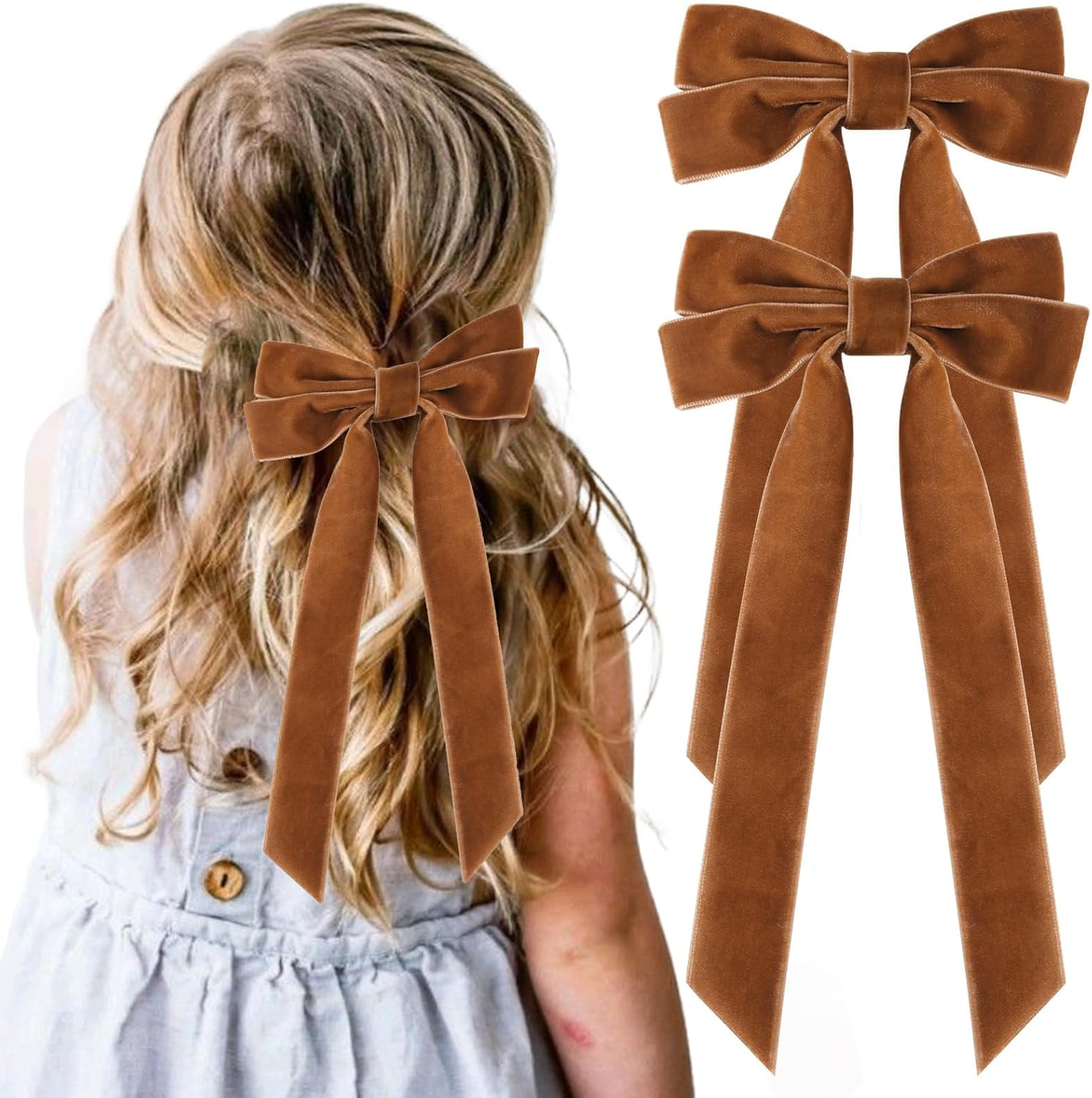 Velvet Hair Bow, Pack of 2 Exquisite Hair Clips with Bow, Velvet Hair Bows Elegant Hair Accessories Bow for Girls Women Everyday Party Wedding Hair Accessories (Brown) image number 2