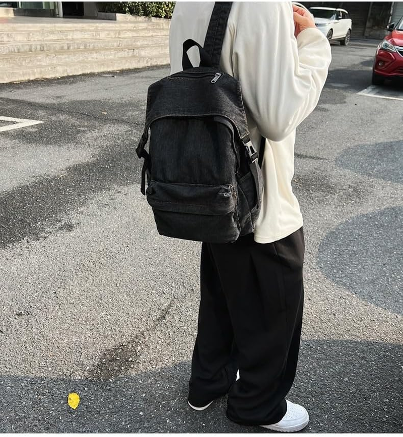 Generic Classic Retro Denim Backpack Aesthetic Shoulder Bag Lightweight Daypack Casual Jeans Backpack for College - Black image number 5