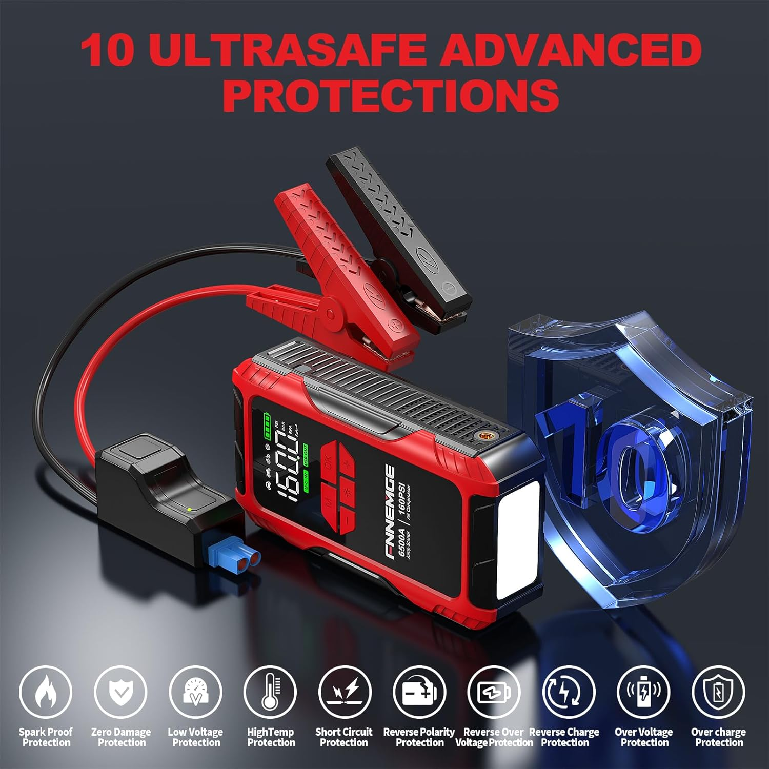 FNNEMGE 6500A Jump Starter with Air Compressor, 26800Mah Car Battery Jumper Starter Portable 12V(For All Gas/10.0L Diesel), 160PSI Tire Inflator, with USB Output,2 LED Light,Hd Large Screen. image number 2