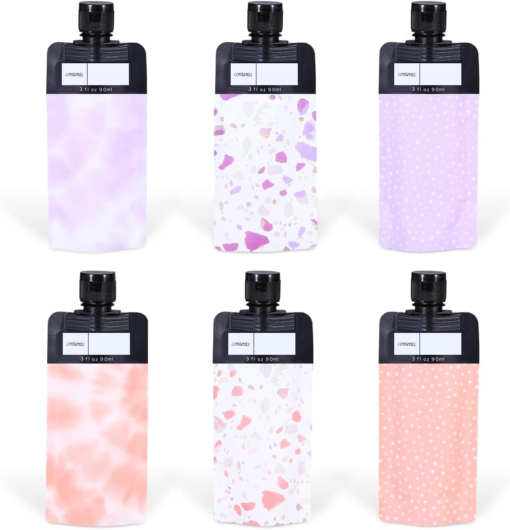 ASEVAT Leak Proof Empty Squeeze Pouches,Refillable Travel Pouches for Toiletries Portable,Travel Fluid Makeup Packing Bag for Lotion Shampoo Face Cream Hand Soap (9 Oz-6 Pack), 6 Pack, 3 Oz, Flap
