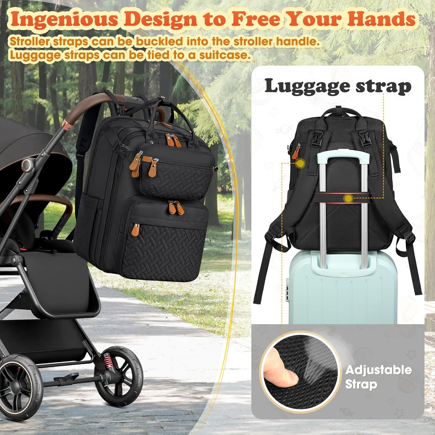 Diaper Bag Backpack, Large Waterproof Baby Bag with Changing Pad, Detachable Crossbody Bag & Stroller Straps Travel Diaper Backpack for Moms Dads Unisex Baby Essentials Organizer