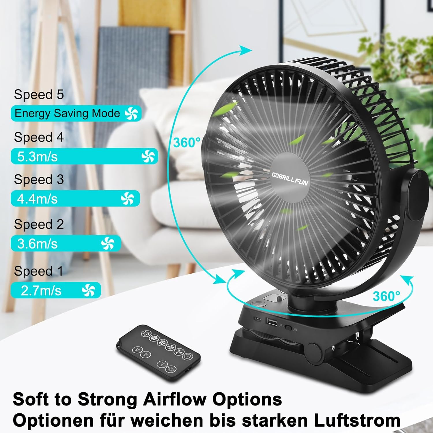 GOBRILLFUN 8.3 Inch 12000Mah Clip Fan with Remote Control, USB Rechargeable with LED Lights, 5 Speed Fan with Battery Operated for Office, Outdoor Travel, Camping, Tent image number 6