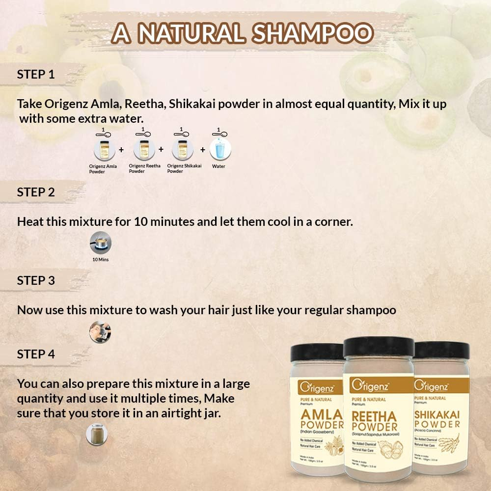 Origenz Reetha, Shikakai and Amla Powder Combo Pack for Hair Care, Wash, Healthy Scalp, Nourishment, Mask, Helps to Control Dandruff, Hairfall | Natural Cleanser | Indian Gooseberry | Sapindus Mukorossi | Acacia Concinna | 300Gm image number 3