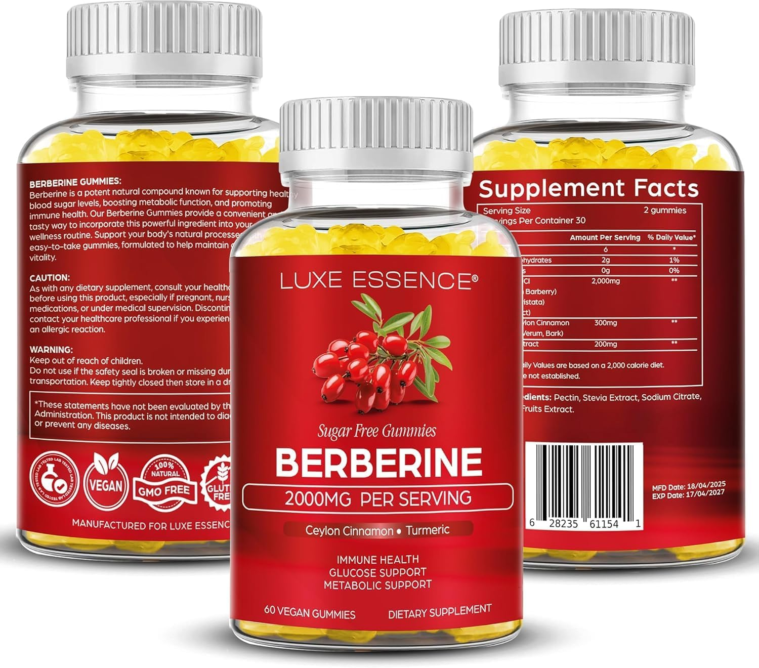 Berberine Gummies with Ceylon Cinnamon & Turmeric | 2000Mg Berberine HCI Supplement for Digestive Health & Support of Healthy Glucose Metabolism | Vegan, Sugar-Free, Pineapple Flavour | 60 Gummies image number 5