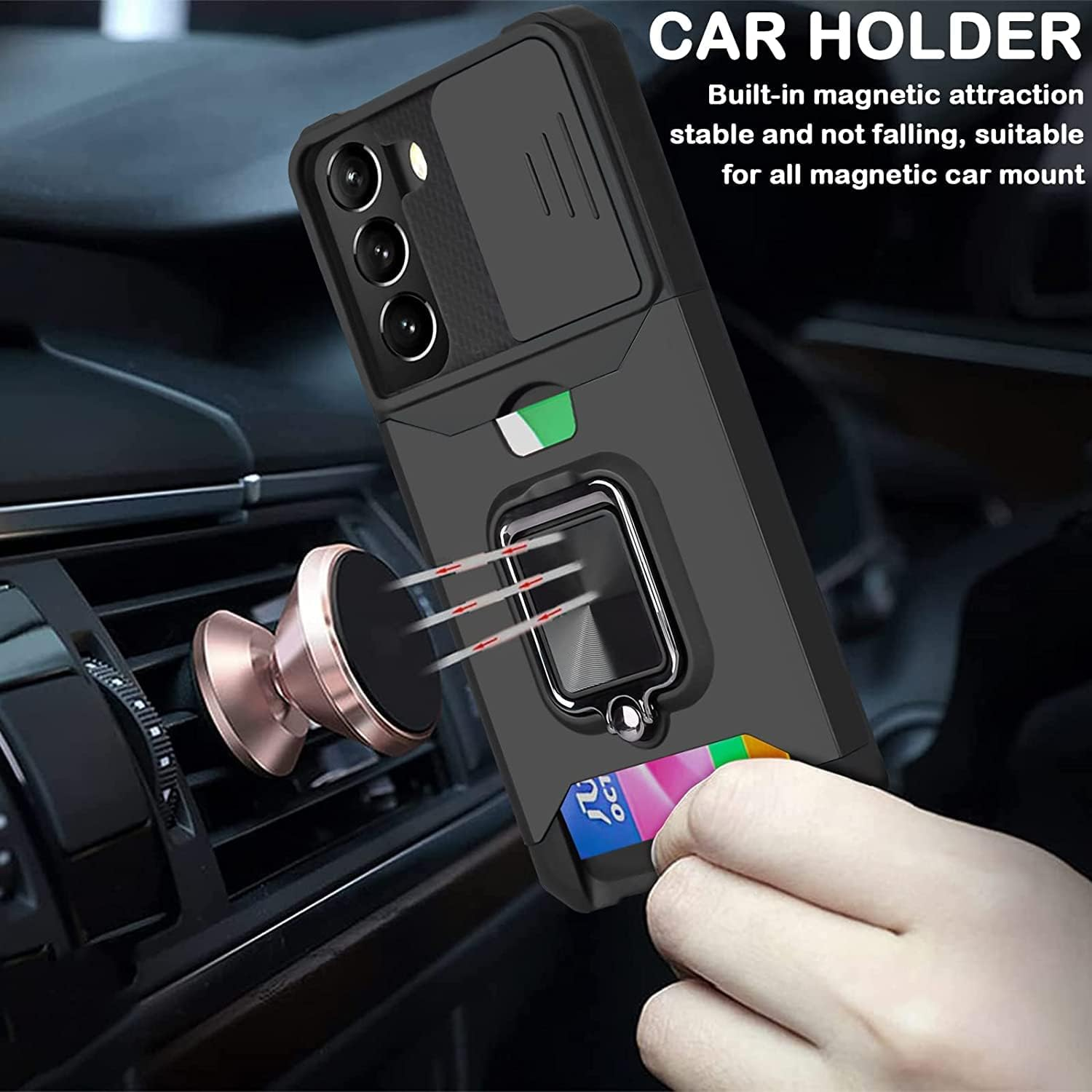 For Samsung Galaxy S23 Case Phone Cover Slide Camera Cover & Card Holder Slot 360&deg; Ring Kickstand Tough Heavy Duty Defender Armor Shockproof Military Galaxy S23 Wallet Case