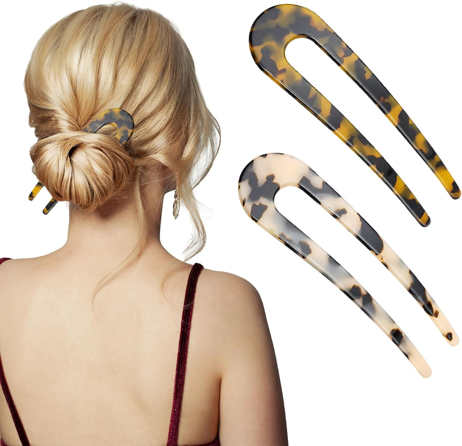 AYESY French Hairpin, 2 Pieces U-Shaped Hair Pins Acetate Tortoiseshell Fork Rods Delicate French Twist Pins for Bun Girls and Women Hair Fork Hairstyle Accessories image number 2