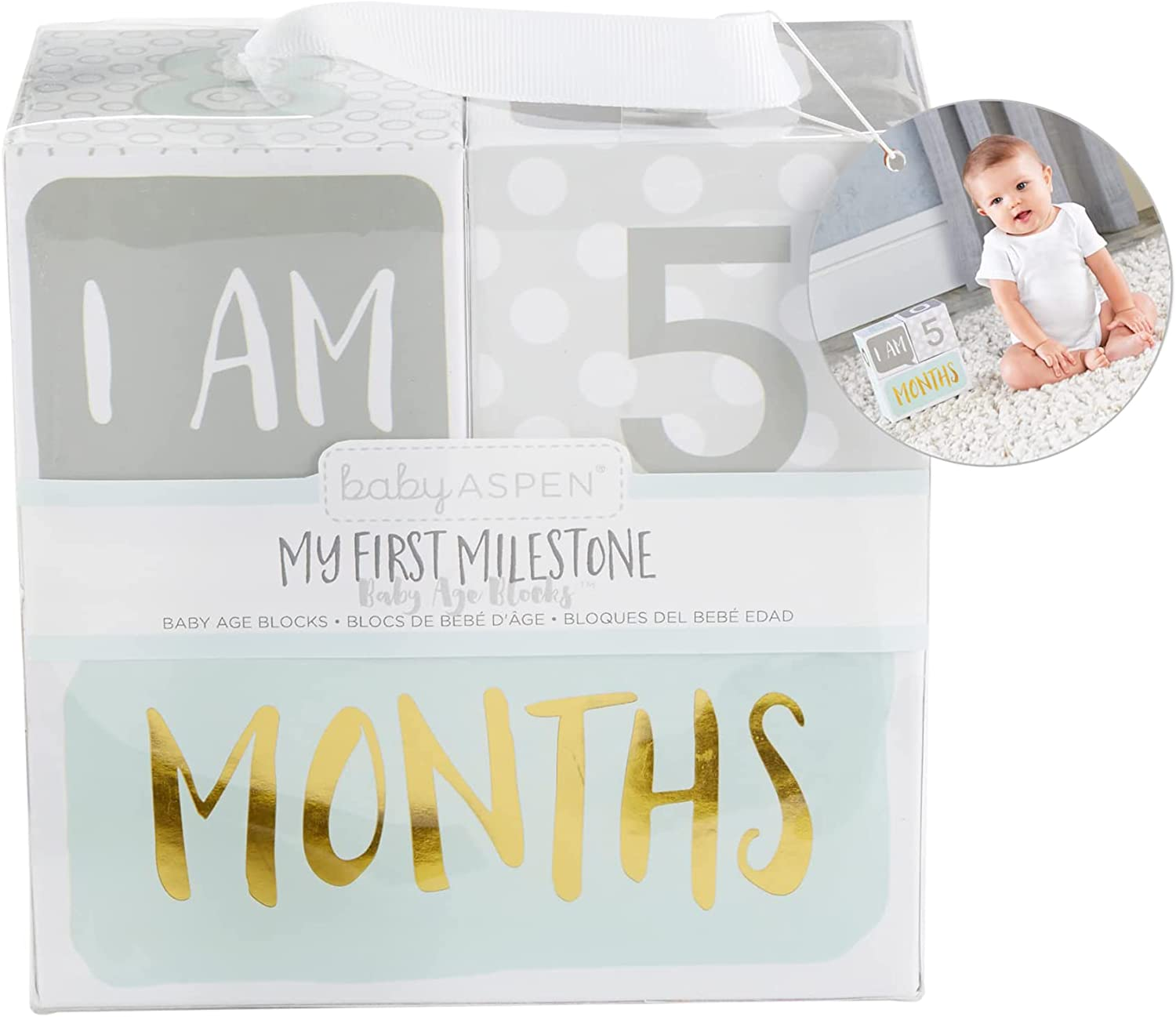 Baby Aspen My First Milestone Age Blocks, White/Grey/Mint/Gold image number 4