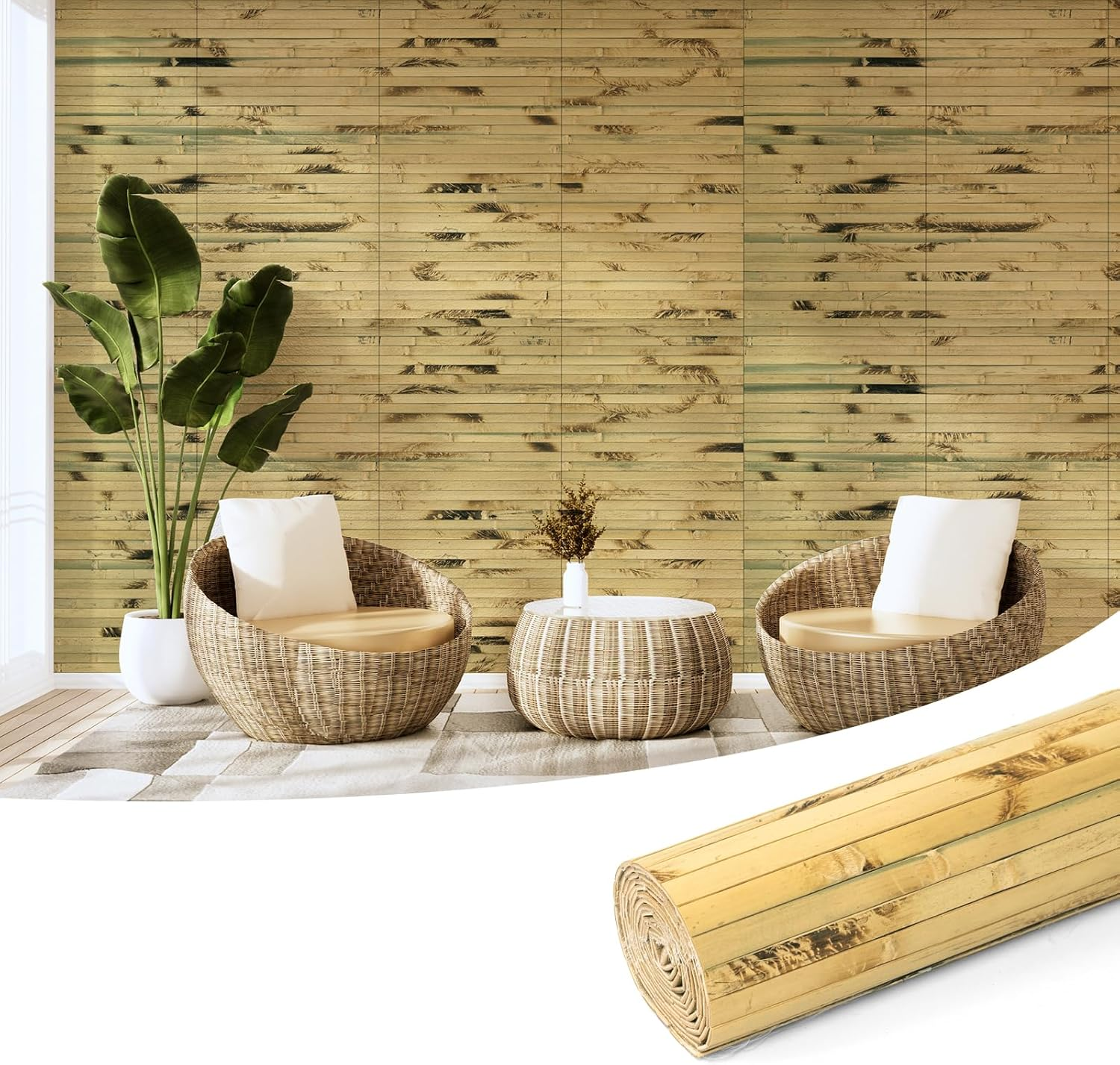 Art3D Natural Bamboo Wall Panel for Interior Wall Decor, Renewable Pole Wrap Wainscoting Paneling for Wall Ceiling Furniture Cabinet Office, 244X30 CM - Dark Burned