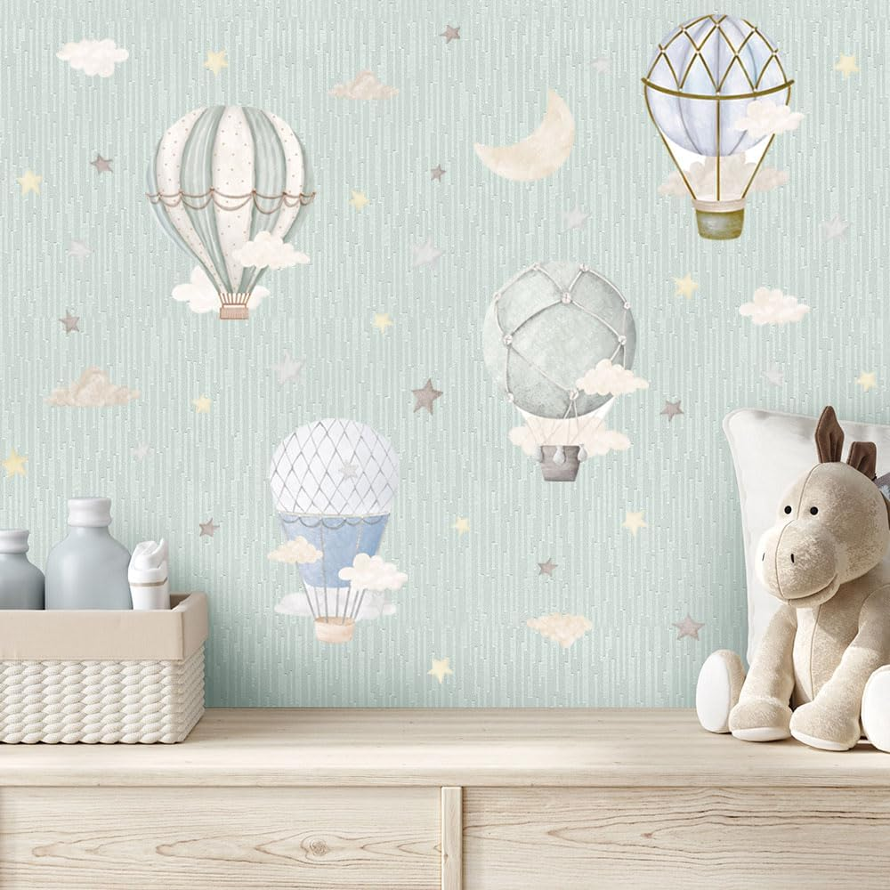 Watercolor Hot Air Balloon Wall Decals, Stars Clouds Balloon Vinyl Wall Stickers, Peel and Stick Colorful Artwork for Nursery Bedroom Toddler Room Playroom Decor