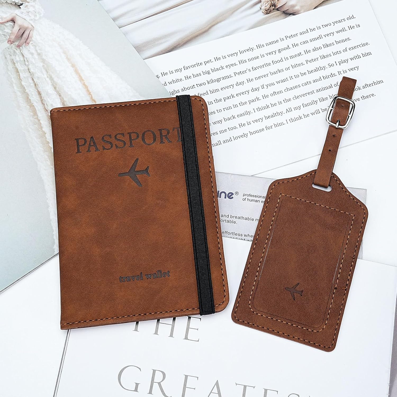 Passport Holder with Luggage Tag Set. Passport Cover and Initial Luggage Tag Set, Passport Holder for Travel and Suitcase Tags, Leather Passport Holder Cover Wallet Travel (Light Blue)