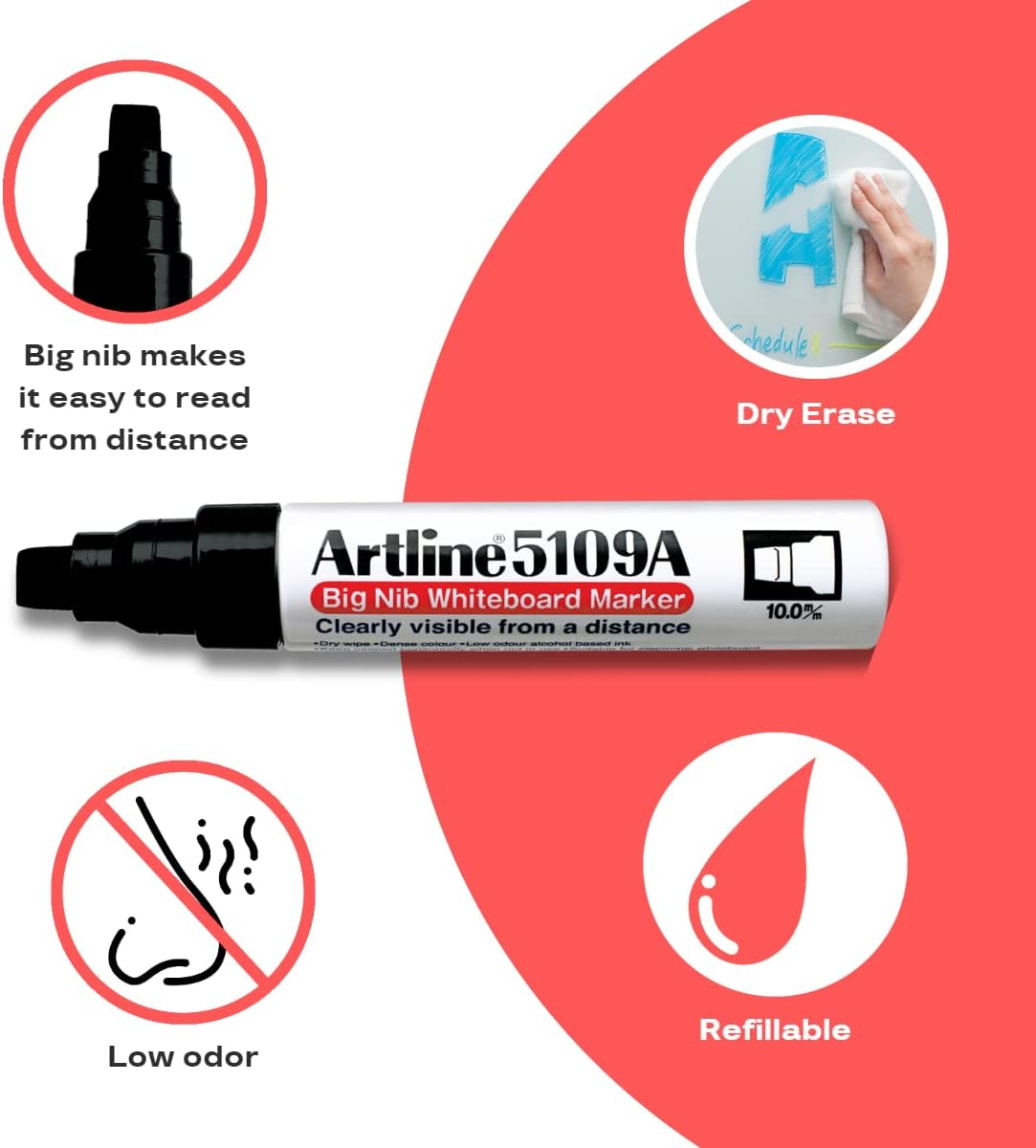 Artline 5109A Big NIB Extra Large Jumbo Dry Erase Whiteboard Markers (Black Pack of 6)