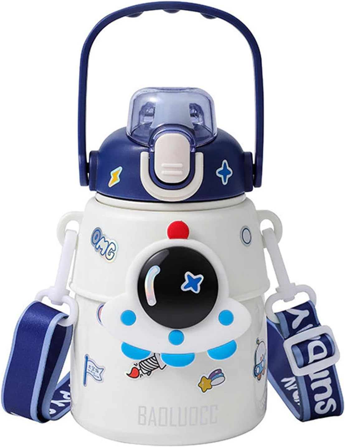 Outer Space Kids Water Bottle &ndash; 850Ml Leakproof Stainless Steel Thermos with Straw Lid, Strap & Stickers &ndash; Insulated Double Wall Bottle Keeps Drinks Cold 24H / Hot 12H for School & Travel - Blue