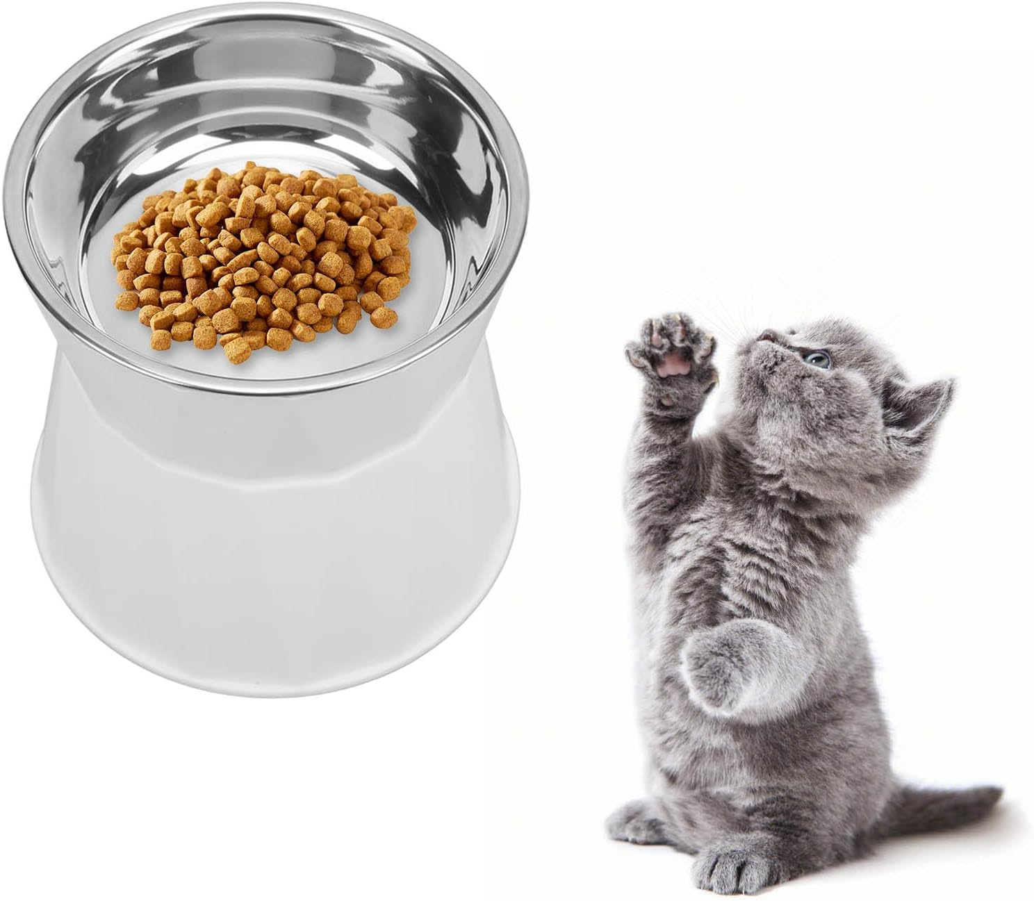 Cat Food Bowl, Stainless Steel Cat Bowl Increased Neck Protective Heavy Duty Cat Double Bowl, Raised Cats Bowls Elevated Tilted Puppy Dish Food Water Bowl Pet Food Water For(Pink [High Double Bowl])