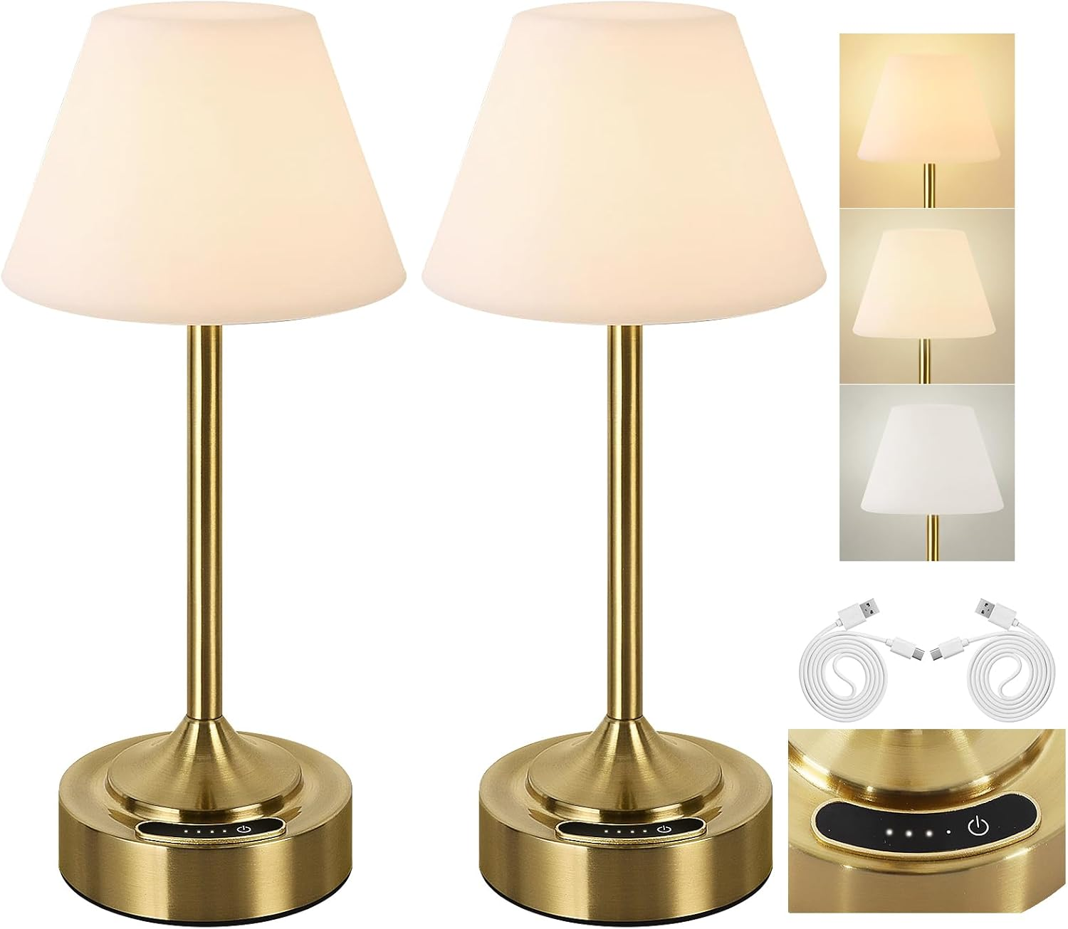 OUTON Rechargeable Cordless Table Lamp, 3 Color Temperatures & Stepless Touch Dimming, Battery Indicator & USB-C, Portable Waterproof Wireless Night Light for Bedroom, Bathroom, Dining, Patio (2Pack)