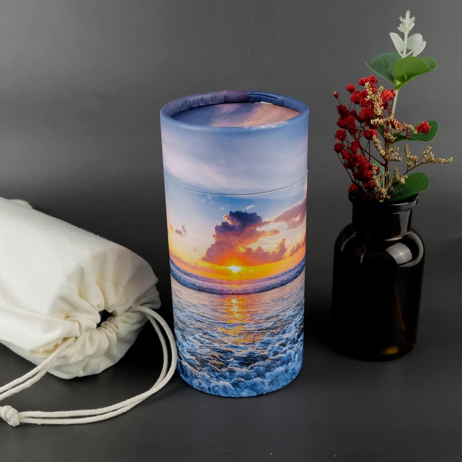 40 Lbs Small ECO Scattering Tube Urn for Human Ashes, Biodegradable Decorative Spreading Cremation Urn for Adult Male Female Pet Dog Cat Ashes, Including ECO Artificial Flowers(Sea&Beach Sunset) image number 7