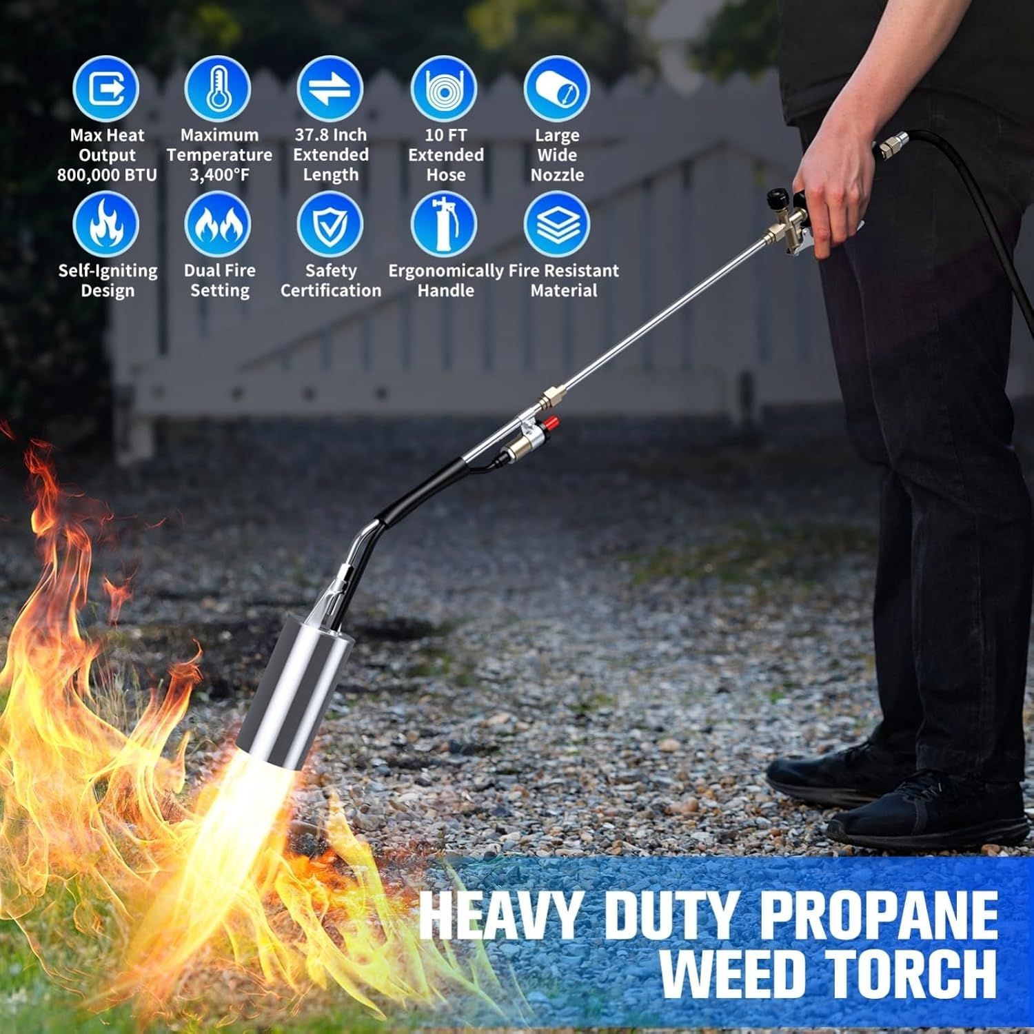 Propane Torch Weed Burner, 800,000 BTU Propane Gas Blow Torch Head Weed Torch with 10FT Hose, Flame Control, Turbo Trigger Push Button Igniter, Flamethrower for Burning Weed Roads Paint Removal Silver image number 6