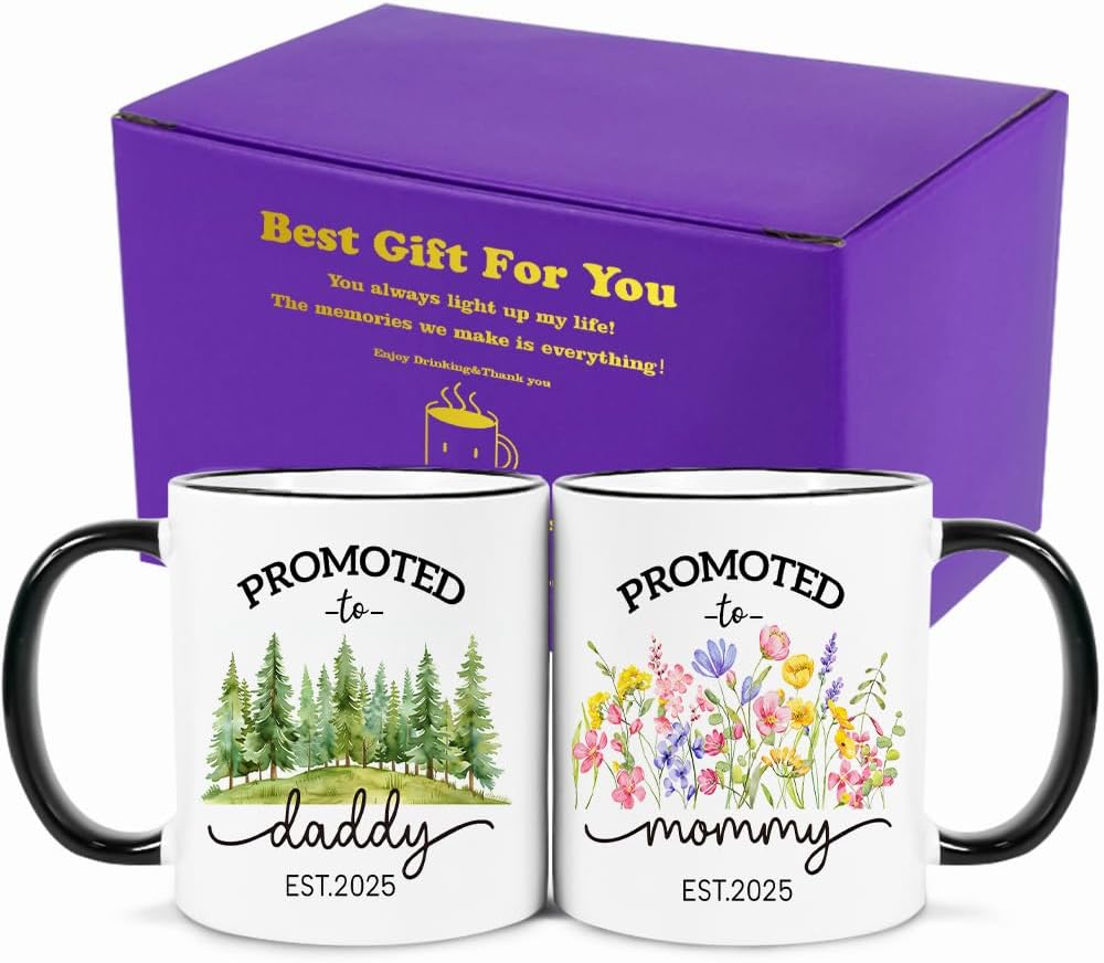Promoted to Parents Mommy Daddy 2025 Mugs, New Parent Gifts for Couple,New Mom and Dad Gifts First Time 2025, Baby Announcement Coffee Mug Set, Mom and Dad Mugs