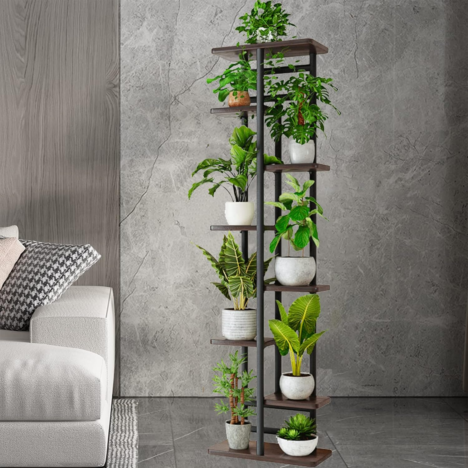 YOCOMEY Wood 8 Tier 9 Potted Tall Plant Stand Metal Rack, Multiple Flower Pot Holder Shelves Rack, Planter Shelf Display Rack Storage Organizer for Balcony Garden Indoor Outdoor Corner(Black) - White image number 3