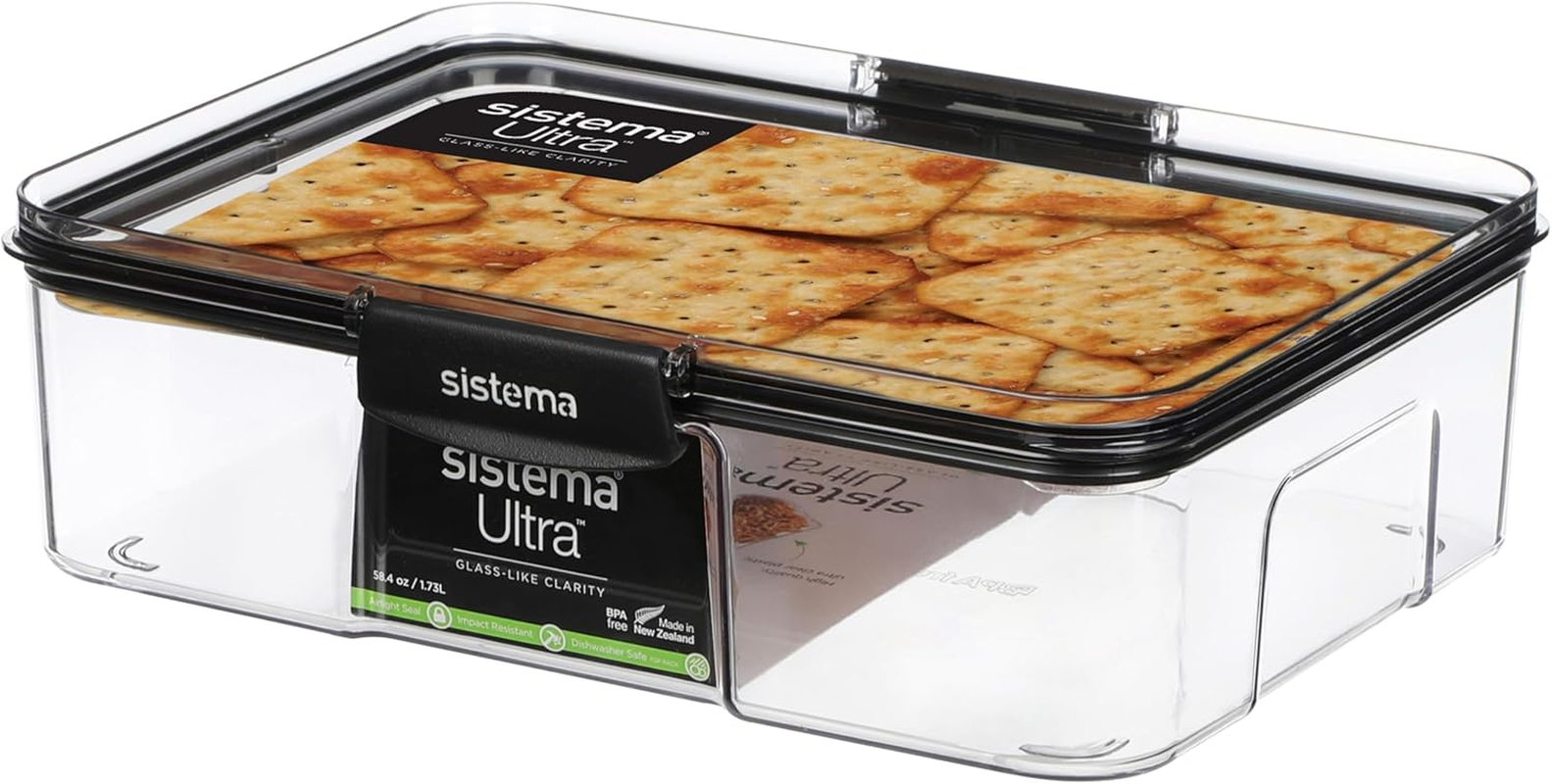 Sistema Ultra 1.73L Rectangle Food Storage Container | Stackable | Airtight Pantry Storage Container with Locking Clips | BPA & Phalate Free | Clear with Black Accents image number 5