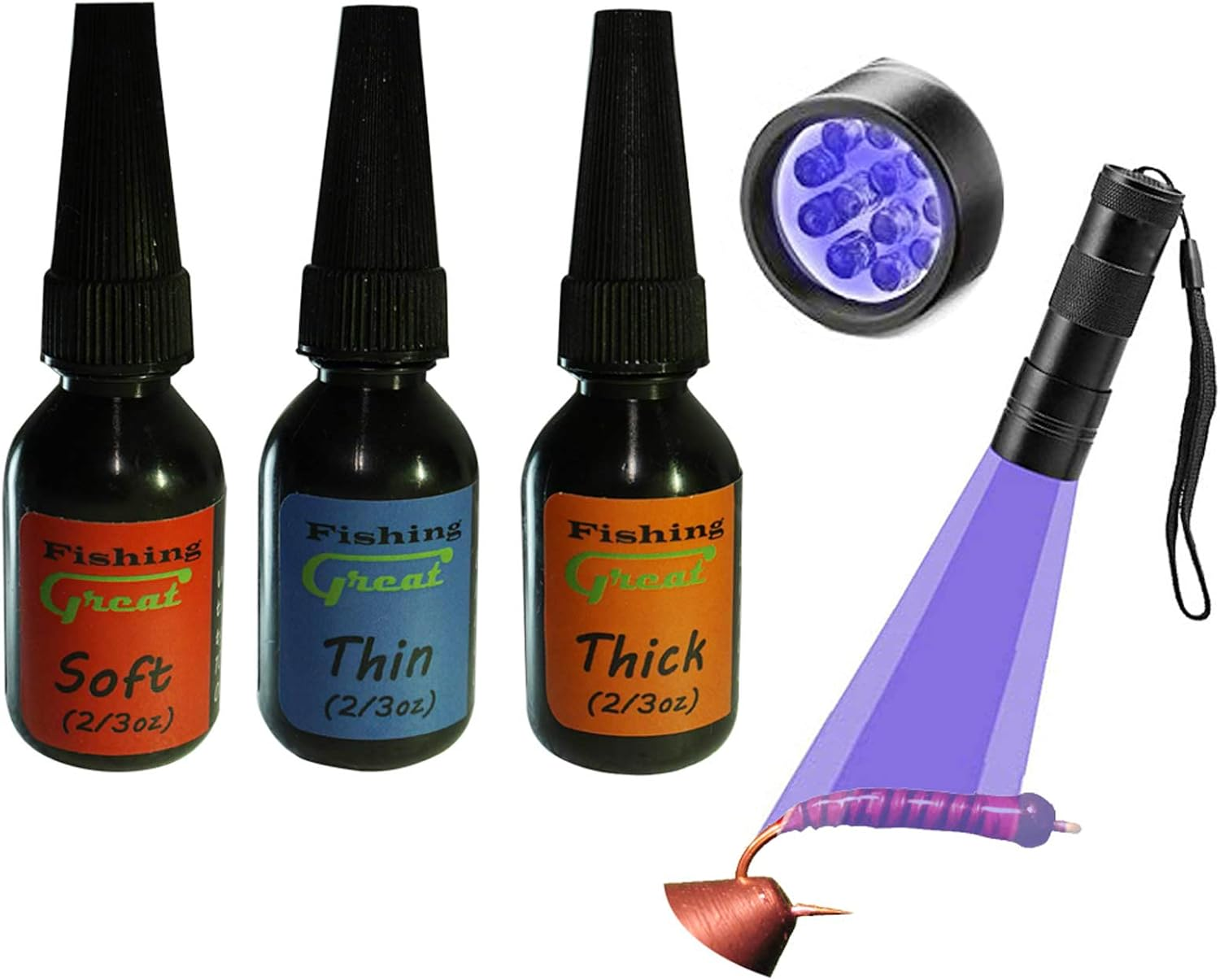 Greatfishing Fly Tying UV Clear Glue and Power UV Light Combo Three Bottles Thick Thin and Soft +12 LED UV Light for Building Flies Heads Bodies Wings and Gluing Eyes