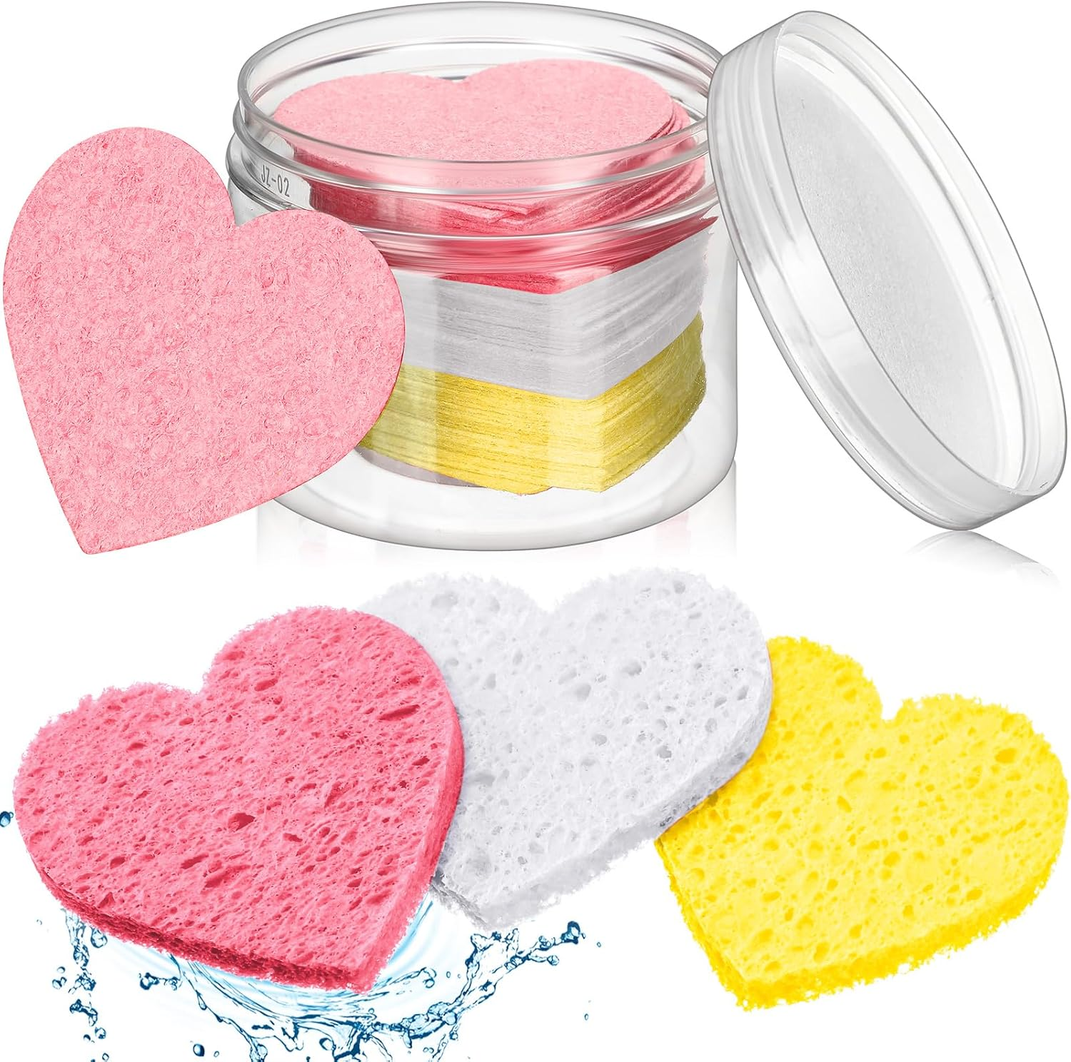 Nuenen 60 Pieces Facial Sponges with Container, Heart Shape Compressed Face Sponges Natural Cleaning Pads for Washing Face Cleaning Exfoliating Esthetician Makeup Removal(Black)