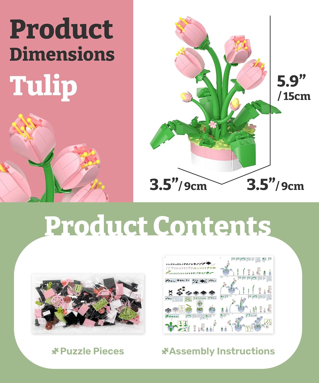 Piecerelax Flower Bouquet Building Decoration Set - Artificial Flowers Mini Bricks Potted Tulip Home Accessories or Best Gift Valentine D&eacute;cor for Him and Her Botanical for Adults [KZ1030] image number 1