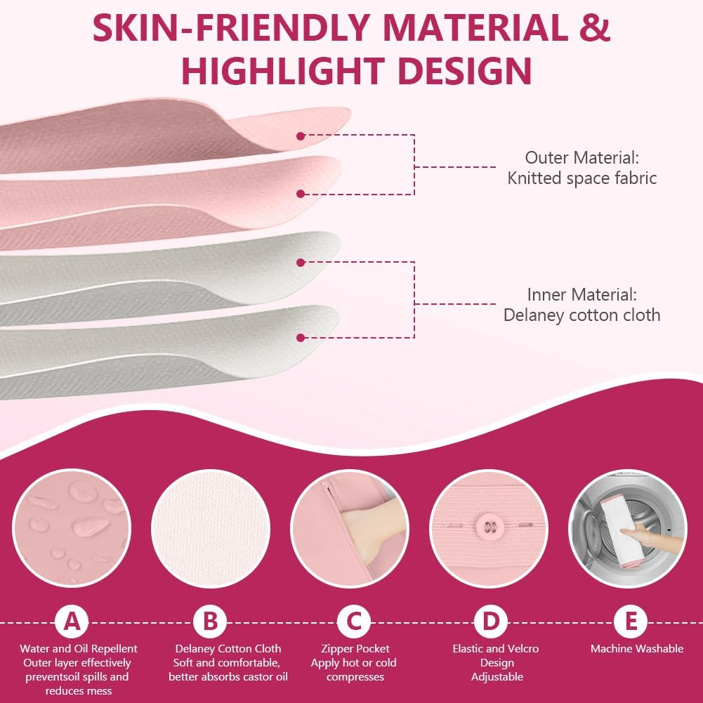 AOOWU Organic Castor Oil Pack, Castor Oil Pack Kit, Reusable Castor Oil Packs Set for Liver Detoxification, Thyroid, Digestion, Constipation, Pack of 2, Pink