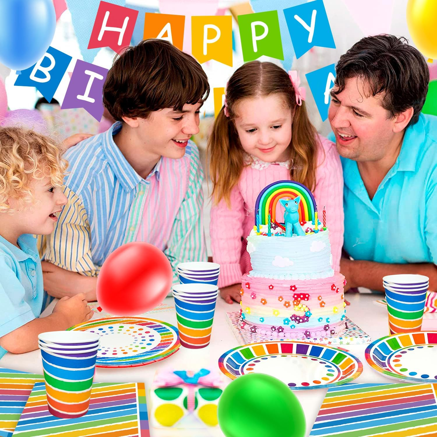 Rainbow Party Supplies,166Pcs Rainbow Party Decorations & Tableware Set - Rainbow Party Plates Napkins Cups & Rainbow Birthday Decorations Balloons Banner Etc Rainbow Themed Birthday Party Supplies image number 2