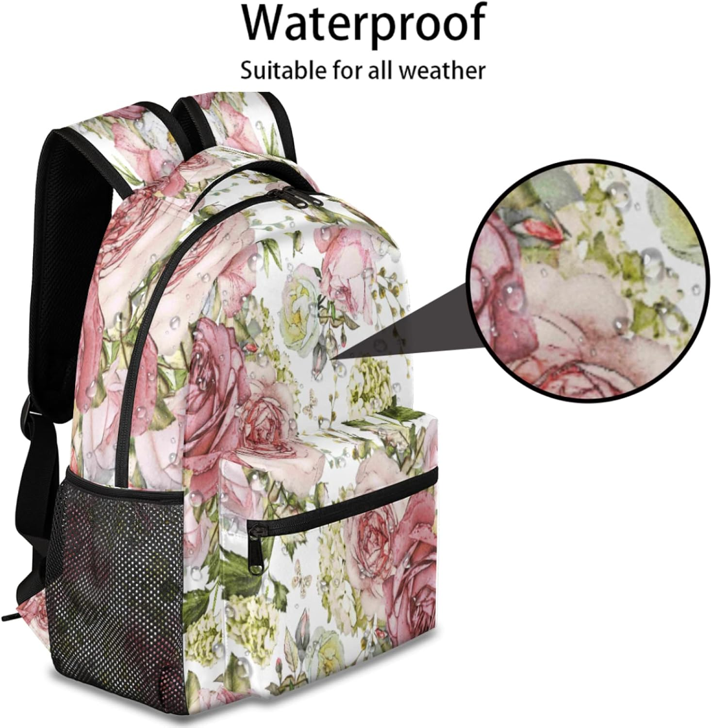 Watercolor Flower Pattern Kids Backpack Vintage Flowers School Bags for Girls Boys Durable Canvas Casual Dayback with Double Mesh Side Pockets image number 4