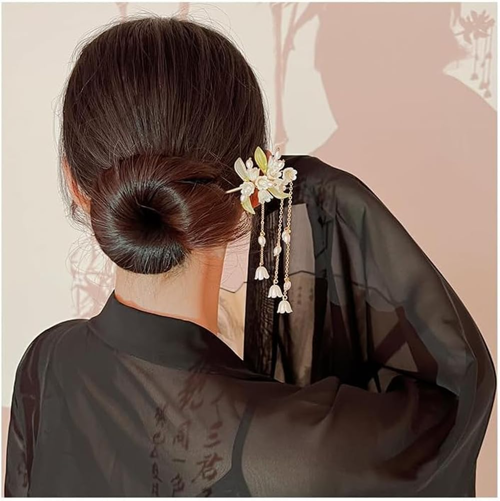 Chinese Hair Fork,Flower Hair Sticks,Elegant Simple Magnolia Pearl Hairpins for Ancient Style Beaded Braided Hairpins Chinese Hair Fork image number 3
