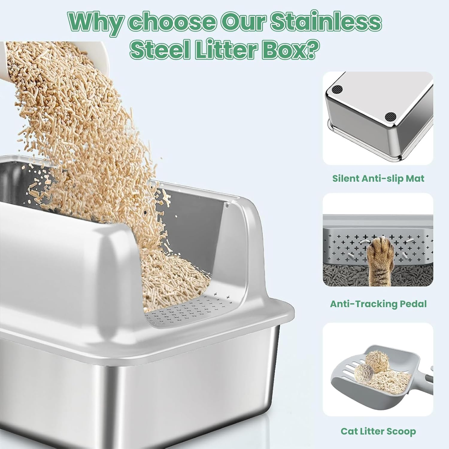 KELIOO Cat Litter Box, Extra Large Stainless Steel Litter Box with Cat Mat and Scoop, Metal Kitty Litter Boxes High Sided, Non-Sticky, Anti-Urine Leakage, Easy Cleaning image number 4