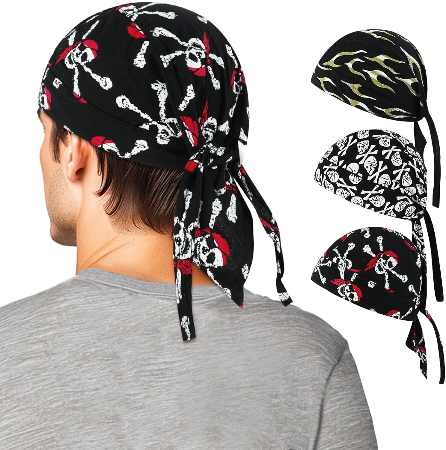 GERINLY 3 Pcs Do Rags for Men Skull Cap Breathable Bandana Hat Sweat Wicking Helmet Linner Beanie for Cycling Motorcycle