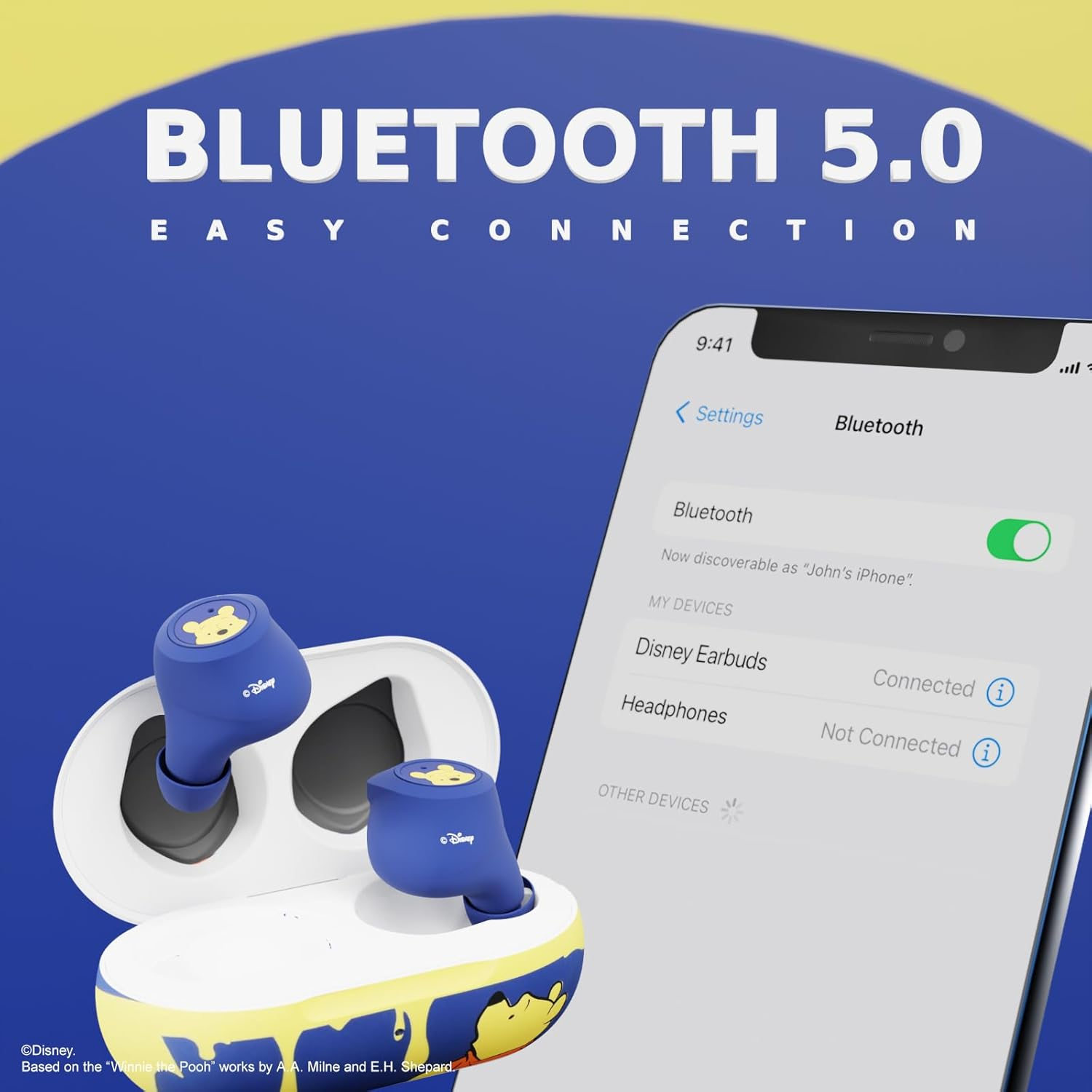 IJOY Disney Winnie the Pooh Bluetooth 5.0 Wireless In-Ear Headphones with Built-In Mic, up to 30 Hrs Playtime, Honey Drip Color, Officially Licensed Disney Merchandise image number 5