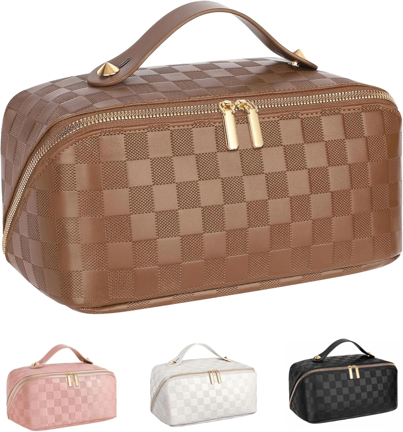 Portable Makeup Bag,Jovala Large Capacity Travel Cosmetic Bag Checkered PU Leather Women'S Holiday Multifunctional Makeup Bag Washable,With Handle and Divider (Brown)
