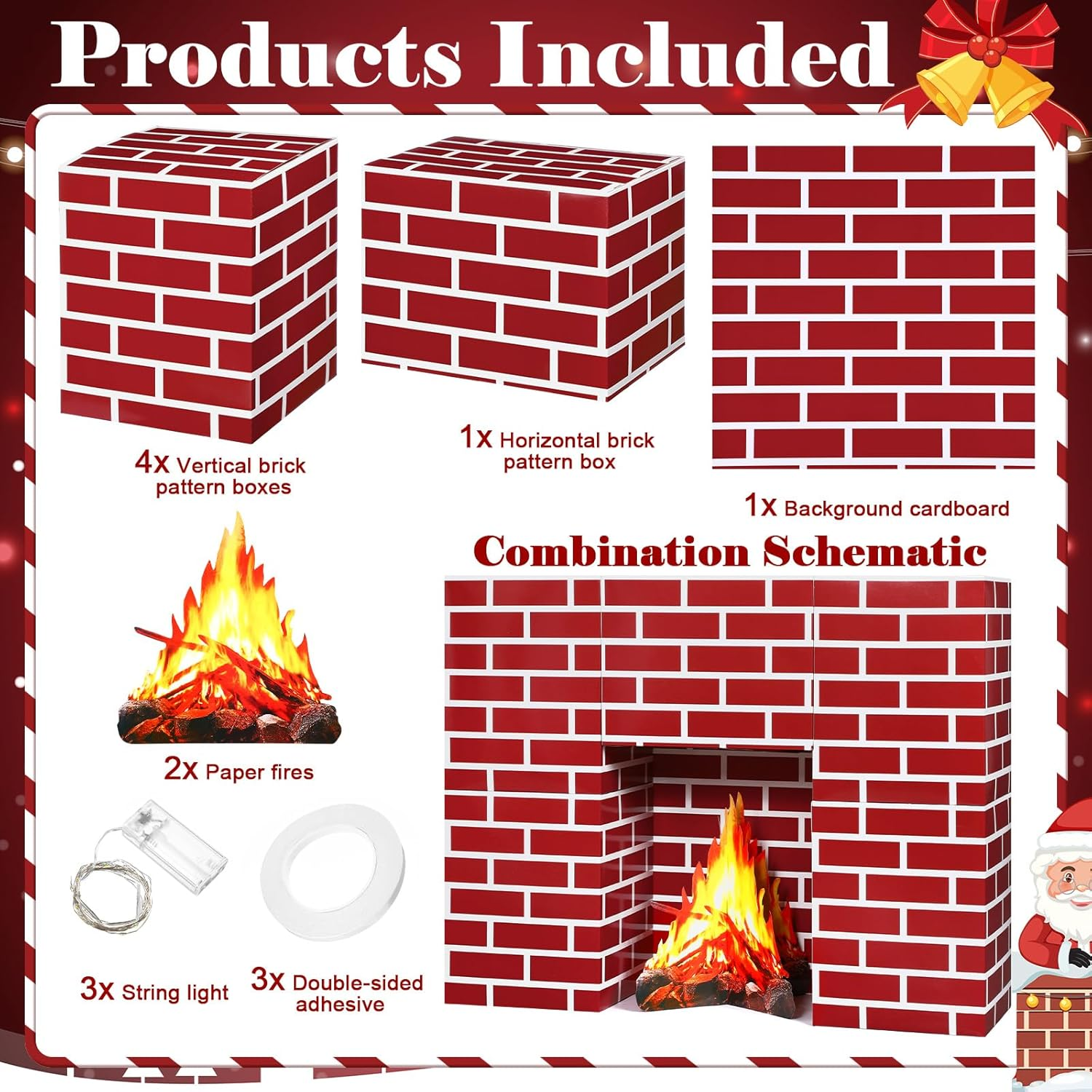 15 Pcs Christmas Cardboard Fireplace Prop Set Red Brick Cardboard Fireplace with Fake Fire Fake Flame Red Brick Boxes Cardboard Blocks for Christmas Home Party Decorations image number 2