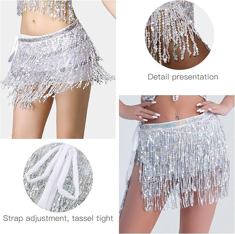 COHGUDA Women'S Sequins Tassel Skirt, Dance Performance Shorts Skirts for Celebrating Festival, Women'S Classic Sequin Tassel Skirts, Adjustable Fringe Skirt for Women, Belly Dance Skirts (Pink) image number 2