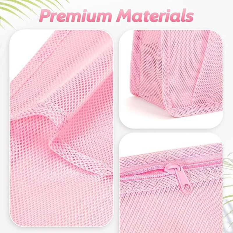 Travel Hanging Toiletry Bath Organizer Caddy with Zipper, 1Pc College Dorm Room Net Essentials Bag with 4 Pockets, Shower Caddy Quick Dry Mesh Tote Bag for Gym, Travel, Pink image number 3