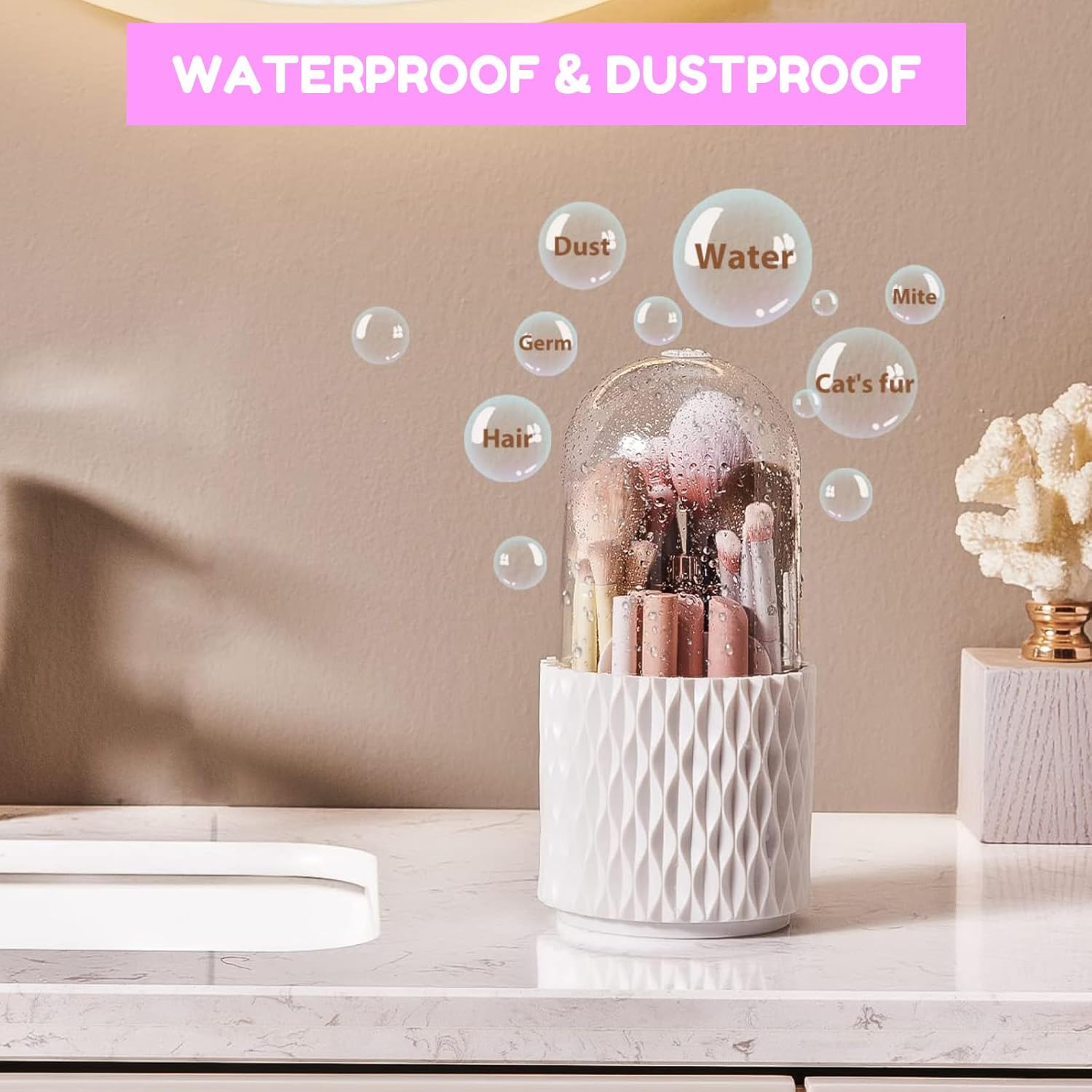 Rotating Makeup Brush Organizer - 360&deg; Spinning Storage Cup with 5 Compartments for Cosmetics, Lipsticks & Art Supplies, Desktop Vanity Holder (White with Cover)