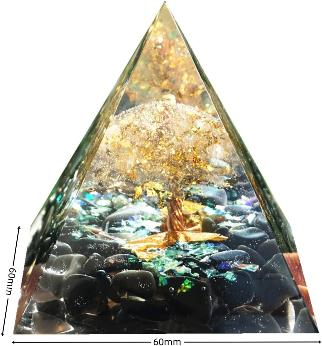 Tree of Life Orgonite Pyramid Kit White Quartz with Obsidian Stone Positive Reiki Energy Generator Crystal Healing Orgone Collection Wealth Lucky Meditation Tool - Clear-Black image number 4