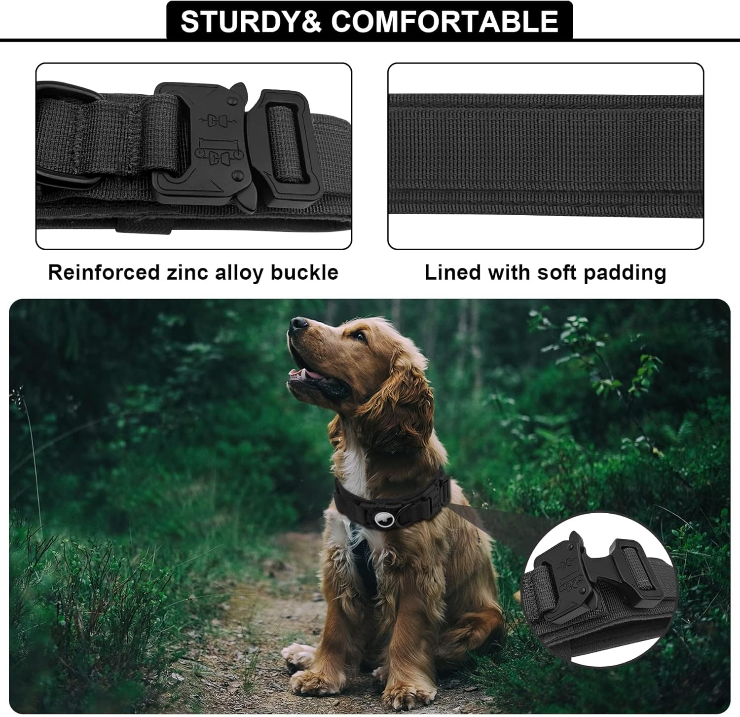 For Airtag Dog Collar - Tactical, Heavy Duty, Adjustable GPS Dog Collar Compatible with Airtag, with Holder & Control Handle for Large Dogs, Double Locking Metal Carabiner [Black, image number 2