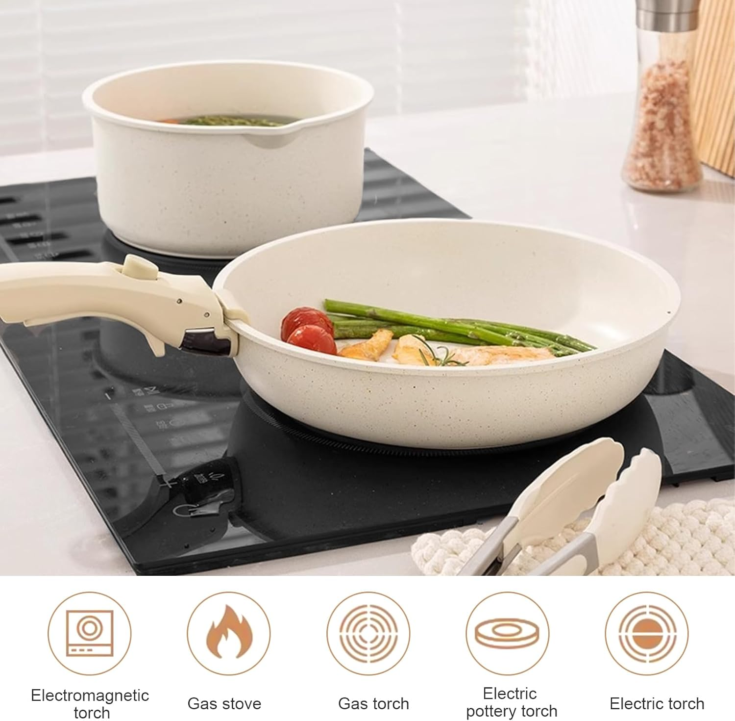 20 Pcs Pots and Pans Set Non Stick, Ceramic Cookware Set Detachable Handle, RV Kitchen Cooking Set Removable Handles, Stackable Non-Stick Pots Set for All Stoves and Oven Safe, Cream White image number 2