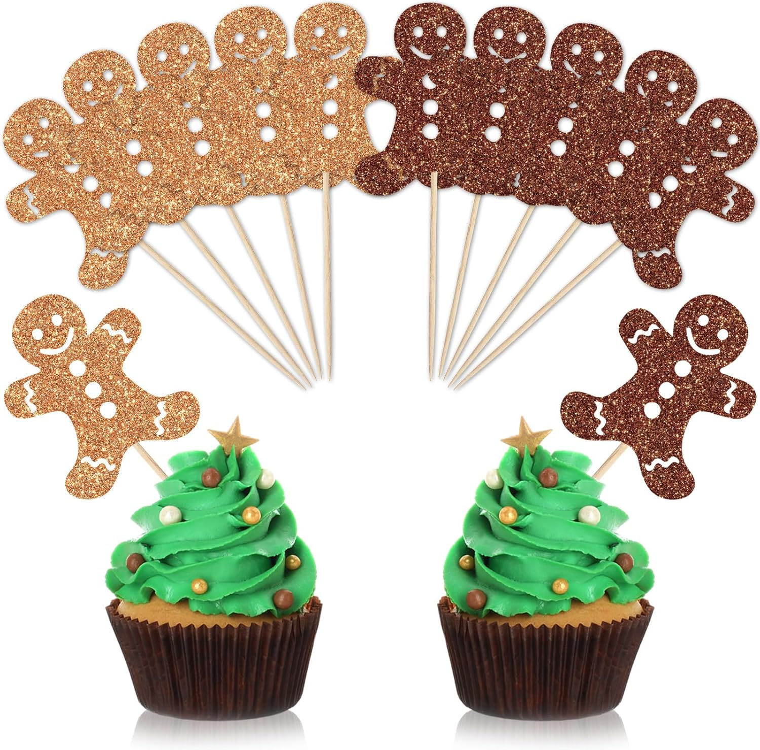 Whaline 48Pcs Christmas Cupcake Topper Glitter Brown Gingerbread Man Cupcake Picks Holiday Food Picks for Xmas Winter Cake Decoration image number 5