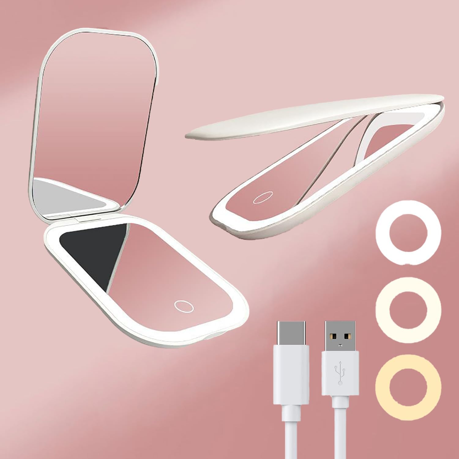 ECOMUSE Travel Mirror with Light and Magnification 1X/2X,Compact Mirror with 3 Color Lights,Touch Sensor Dimming,Rechargeable Portable Mirror for Purse,2-Sided, Handheld, Folding, White