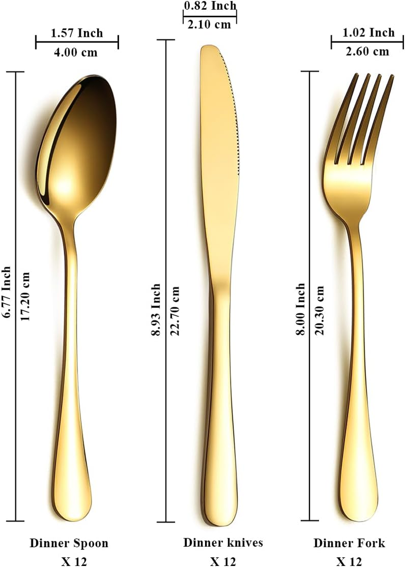 Gold Cutlery Set 36 Pieces Service for 12, Stainless Steel Knives Spoon Forks Set for Wedding, Parties, Evens, Home, Thanksgiving, Christmas