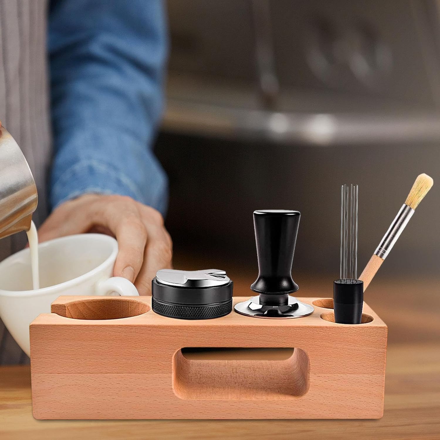 Leefasy Wood Coffee Filter Tamper Holder Kits Espresso Accessories Kits Espresso Tamping Stand Set for Shop Worktop Tearoom Counters Coffee Bar, 54Mm image number 5